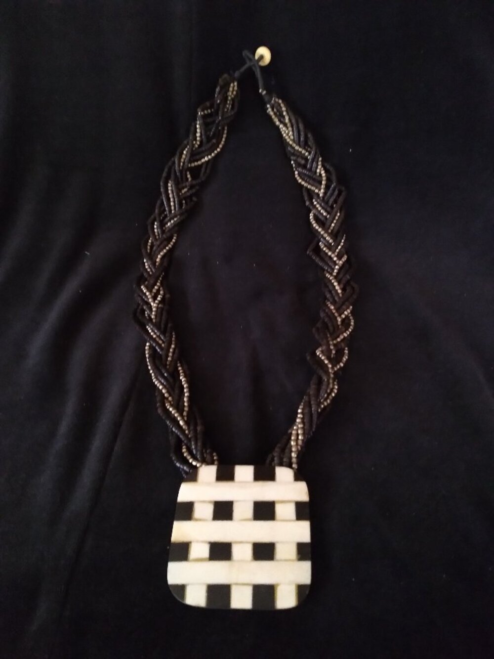Hand Made Braided Bead Necklace with Ivory & Onyx Checkered Disc Pendant